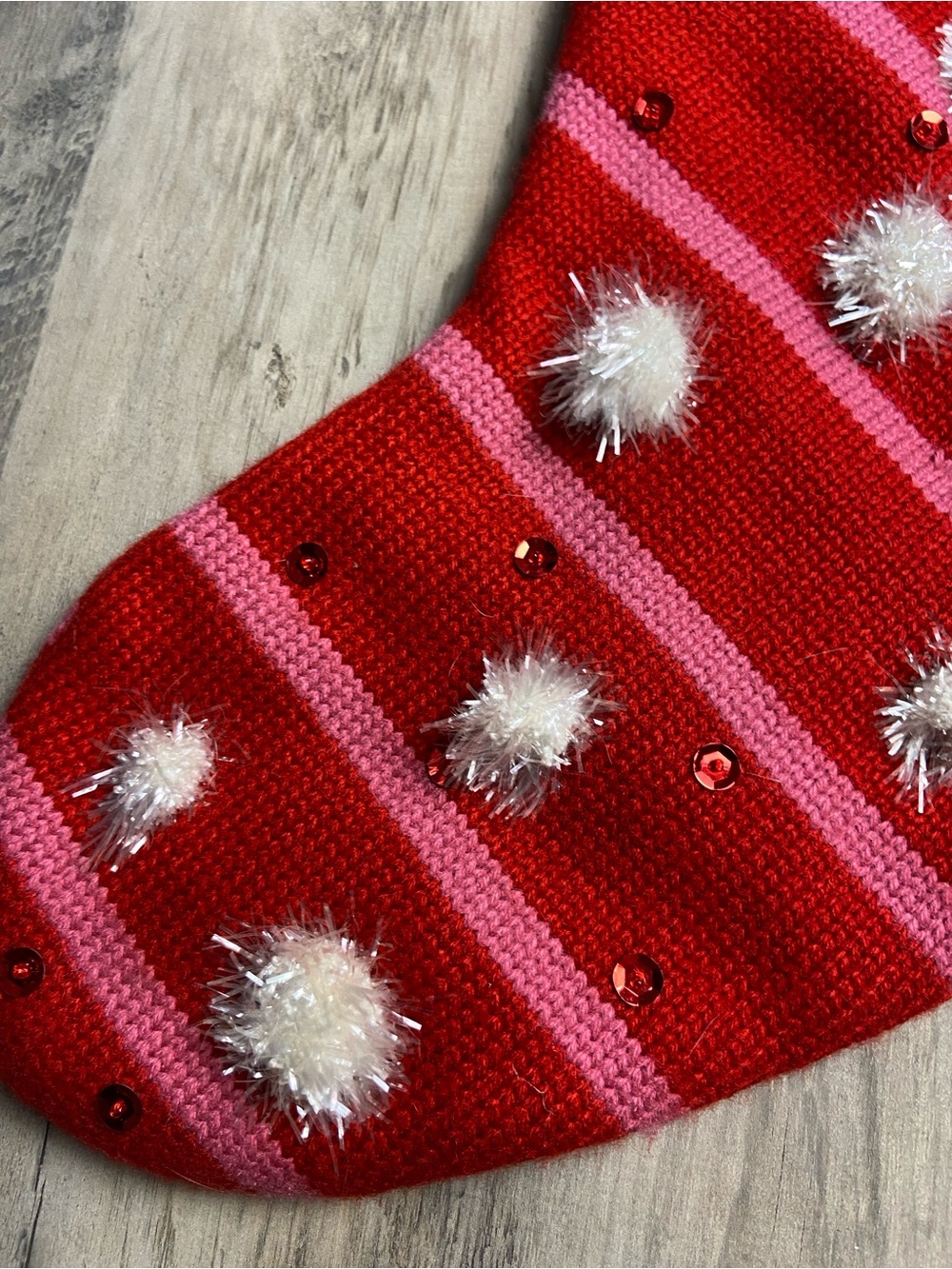 Red Pink Striped Holiday Stocking with Pom Poms and sequins - Picture 2 of 8